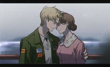 1boy 1girl american_flag arm_around_shoulder black_border black_shirt blonde_hair blurry blurry_background border breasts brown_hair closed_mouth collared_shirt couple green_jacket haejeo1008 hair_bun hetero highres husband_and_wife jacket james_sunderland letterboxed long_hair looking_at_another mary_shepherd-sunderland medium_breasts parted_bangs pink_shirt shirt shirt_under_shirt short_hair silent_hill_(series) silent_hill_2 smile updo upper_body white_shirt