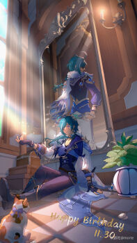 2boys absurdres black_gloves blue_eyes blue_hair bow calico_(pattern) calico_cat cat chinese_commentary closed_eyes coin commentary_request dark-skinned_male dark_skin dated english_text eyepatch fingerless_gloves flower_pot genshin_impact gloves happy_birthday highres holding holding_behind_back holding_knife holding_knife_behind_back indoors kaeya_(genshin_impact) kaeya_(sailwind_shadow)_(genshin_impact) knife light_particles light_rays long_hair male_focus mirror mora_(genshin_impact) morte_(morte00097530) multiple_boys on_floor pants sconce sitting sunbeam sunlight treasure_chest wide_shot window