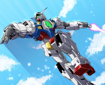amakawa_mayu blue_sky energy_sword green_eyes gundam gundam_age gundam_age-1 gundam_age-1_normal highres holding holding_sword holding_weapon humanoid_robot mobile_suit mobile_suit_gundam no_humans robot scene_reference science_fiction sky solo sword v-fin weapon