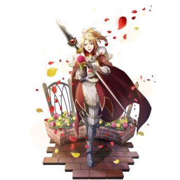 1boy ahoge armor armored_boots artist_request belt black_belt black_shirt blonde_hair boots bracer brick_road cape collared_tunic couter cuisses falling_petals flower flower_request forehead full_body game_cg glint gold_trim grey_boots hand_on_own_hip high_collar holding holding_flower holding_polearm holding_weapon kitamura_motoyasu legendary_spear_(small_spear)_(tate_no_yuusha_no_nariagari) legendary_spear_(tate_no_yuusha_no_nariagari) light_particles light_smile long_sleeves looking_at_viewer male_focus medium_hair messy_hair multiple_belts official_art open_mouth pants parted_bangs pauldrons petals pink_flower pink_rose pinstripe_pants pinstripe_pattern pinstripe_shirt polearm poleyn ponytail red_cape red_eyes red_tunic rose shirt short_ponytail shoulder_armor sidelocks simple_background sleeveless_tunic smile solo sparkle spear standing straight-on tate_no_yuusha_no_nariagari tate_no_yuusha_no_nariagari_rerise teeth tongue transparent_background tunic turtleneck_tunic two-tone_tunic upper_teeth_only vambraces weapon white_belt white_pants white_tunic