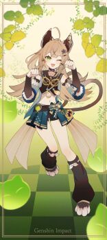 Rule 34 | 1girl, ;d, ahoge, animal ears, animal hands, bell, black bridal gauntlets, black leg warmers, bridal gauntlets, brown hair, brown tail, cat ears, cat paws, cat tail, collarbone, commentary request, copyright name, crop top, dendro symbol (genshin impact), detached sleeves, ema, full body, genshin impact, green eyes, hair ornament, hairclip, highres, jingle bell, kirara (genshin impact), leg warmers, long hair, looking at viewer, midriff, multiple tails, navel, nekomata, one eye closed, open mouth, paw pose, sidelocks, smile, solo, tail, two tails, vision (genshin impact), yanagida shiina