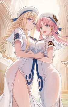 2girls :d alicia_florence aria_(manga) blonde_hair blue_eyes breasts closed_mouth commentary_request cowboy_shot cutlass_(classic_chocolate) dress hat highres large_breasts long_hair mizunashi_akari multiple_girls open_mouth parted_bangs pink_hair short_sleeves smile standing white_dress white_hat