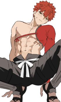 1boy abs black_pants blush emiya_shirou fate/grand_order fate_(series) highres igote japanese_clothes koperyne looking_at_viewer male_focus nipples orange_hair pants senji_muramasa_(fate) shoes short_hair simple_background single_bare_shoulder solo squatting sweatdrop toned toned_male white_background yellow_eyes