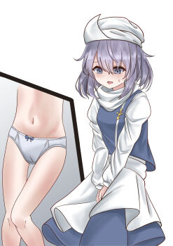 1girl absurdres between_legs blue_eyes blush dress female_focus hand_between_legs have_to_pee highres letty_whiterock loli multiple_views navel open_mouth panties purple_hair solo standing sweatdrop touhou tsubakipan underwear white_background white_panties