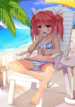 1girl bad_id bad_pixiv_id barefoot beach beach_chair bikini bikini_pull blush breasts chair clothes_pull day drink drinking drinking_straw feet female_focus food fruit glass hair_ribbon heart heart-shaped_pupils highres lemon lemon_slice loli mvv open_mouth original outdoors palm_tree panties panty_pull pussy pussy_peek rancy red_eyes red_hair ribbon sitting small_breasts solo sweat swimsuit symbol-shaped_pupils table tan tanline toes tree twintails uncensored underwear water
