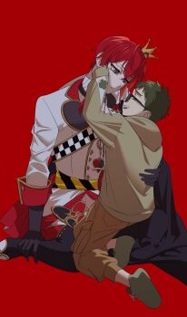 2boys :d age_difference aged_down antenna_hair arm_up black-framed_eyewear black_boots black_cape black_gloves boots brown_hoodie brown_pants cape capri_pants cargo_pants checkered_clothes closed_eyes coat commentary contrast_lapels crown crying crying_with_eyes_open elbow_gloves empty_eyes expressionless face-to-face frilled_shirt_collar frills fsyoau glasses gloves gold_trim green_hair green_shoes grey_eyes hair_between_eyes hand_on_another's_back hand_on_own_ankle heart_antenna_hair heartslabyul_dorm_uniform highres hood hood_down hoodie knee_boots kneeling lapels looking_at_another male_focus mini_crown multiple_boys open_mouth pale_skin pants raised_inner_eyebrows red_background red_hair riddle_rosehearts sash shirt shoes short_hair side_cape simple_background sitting sleeve_cuffs smile sneakers symbol-only_commentary tears time_paradox trey_clover twisted_wonderland very_short_hair waist_sash wariza white_coat white_shirt wiping_tears