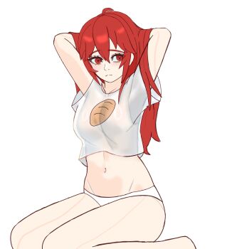 1girl ahoge arms_behind_head averting_eyes baguette bare_legs blush bread breasts closed_mouth collarbone commentary crop_top dirtydanreborn english_commentary feet_out_of_frame food hair_between_eyes hair_down highres kasane_teto long_hair medium_breasts navel panties red_eyes red_hair shirt sidelocks simple_background sitting solo stomach underwear utau very_long_hair wariza white_background white_panties white_shirt