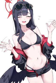 1girl bare_shoulders belt bikini bikini_bottom_under_shorts bikini_under_clothes black_bikini black_jacket black_shorts black_wings blue_archive blush breasts commentary eyewear_on_head feathered_wings flying_sweatdrops halo hands_up highleg highleg_bikini highres ichika_(blue_archive) ichika_(swimsuit)_(blue_archive) jacket long_hair low_wings navel o-ring o-ring_bikini o-ring_top off_shoulder official_alternate_costume open_clothes open_jacket open_mouth open_shorts potgit red_belt red_halo shorts simple_background small_breasts solo sunglasses swimsuit thighs three-quarter_sleeves waving white_background wings