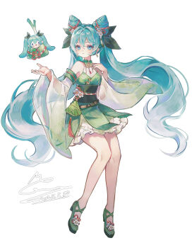 1girl absurdres aqua_eyes aqua_hair aqua_nails chinese_commentary commentary_request cone_hair_bun dated detached_sleeves double_bun dress flower food food-themed_clothes footwear_flower full_body green_dress green_shoes hair_bun hair_intakes hair_ornament hatsune_miku highres leaf_hair_ornament long_hair memory_mie nail_polish shoes signature simple_background solo spring_onion tassel twintails very_long_hair vocaloid white_background zongzi