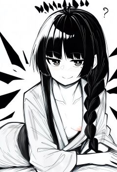 1girl ? arknights braid breasts closed_mouth collarbone detached_wings greyscale halo highres japanese_clothes kimono long_hair looking_at_viewer makigirisu mole mole_under_eye monochrome nipples no_bra small_breasts smile solo spot_color virtuosa_(arknights) wings