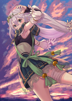 aoba_chika flower flower_ornament green_ribbon green_skirt hair_flower hair_ornament highres long_hair magia_record:_mahou_shoujo_madoka_magica_gaiden magical_girl mahou_shoujo_madoka_magica nanakamado ninja pleated_skirt ribbon scarf skirt white_hair