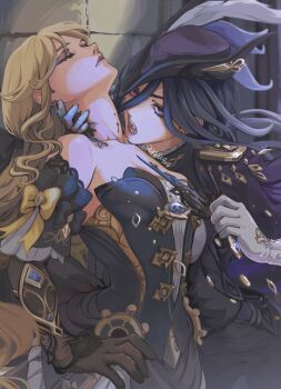 2girls absurdres black_corset black_gloves blonde_hair blood blood_from_neck blue_hair blue_hat clorinde_(genshin_impact) closed_eyes commentary corset dark_blue_hair detached_sleeves dress drill_hair drill_sidelocks english_commentary epaulettes fang fold-over_gloves genshin_impact gloves hair_between_eyes hat hat_feather highres holding_neck imminent_bite long_hair long_hair_between_eyes multiple_girls navia_(genshin_impact) naya_(onaxart) open_mouth purple_eyes sidelocks strapless strapless_dress tricorne twitter_username yuri