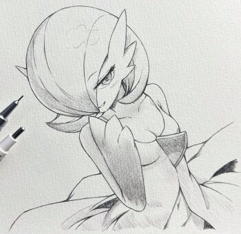 1girl 2025 between_breasts blush bob_cut breasts collarbone colored_skin commentary dress dutch_angle eyebrows_hidden_by_hair gardevoir gen_3_pokemon graphite_(medium) hair_over_one_eye half-closed_eyes hand_up highres looking_at_viewer medium_breasts monochrome multicolored_skin navel nintendo parted_lips pokemon pokemon_(creature) pokemon_focus red_eyes seishun_dendeke short_hair smile traditional_media two-tone_skin upper_body white_dress white_skin