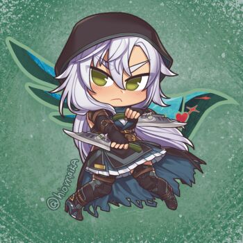 Rule 34 | 1girl, boots, chibi, closed mouth, commentary, commission, double-parted bangs, dual wielding, eiyuu densetsu, english commentary, fie claussell, floating hair, frilled skirt, frills, green background, green eyes, gunblade, hair between eyes, high heel boots, high heels, holding, hood, hoodie, long hair, sen no kiseki (series), shg (hiomaika), simple background, skirt, solo, twitter username, weapon, white hair