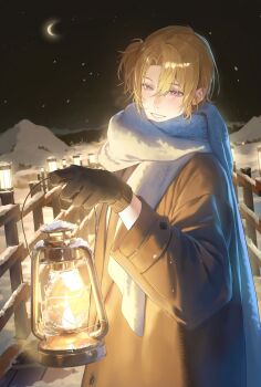 Rule 34 | 1boy, alternate costume, black gloves, blonde hair, brown coat, coat, commentary, crescent moon, english commentary, fence, gloves, hair between eyes, highres, holding, holding lantern, lantern, looking at object, luca kaneshiro, male focus, medium hair, moon, nijisanji, nijisanji en, one side up, outdoors, papa (you have today), parted lips, purple eyes, scarf, sky, smile, snow, snowing, solo, upper body, virtual youtuber, white scarf