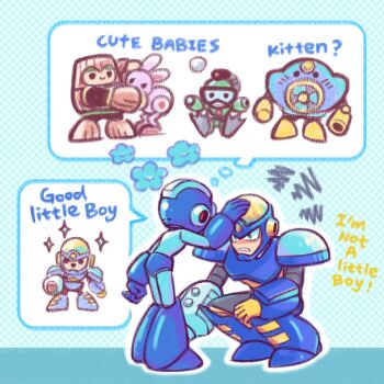 2boys air_man android bubble_man english_text flash_man headpat highres laser-lance looking_at_another mega_man_(character) mega_man_(classic) mega_man_(series) mega_man_2 multiple_boys parted_lips speech_bubble squatting thought_bubble wood_man