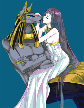 1boy 1girl ancient_egyptian anput anubis_(mythology) black_hair blue_eyes blunt_bangs breasts claws closed_eyes collar crossed_arms dress egyptian_mythology eyeliner eyeshadow furry furry_male headdress husband_and_wife jewelry long_hair lots_of_jewelry makeup muscular necklace nipples original pale_skin small_breasts syaxxx topless_female very_long_hair white_dress wolf