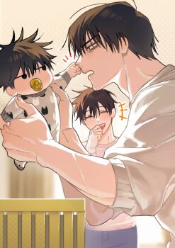 Rule 34 | +++, 1girl, 2boys, adam's apple, aged down, animal print, baby, black eyes, black hair, blue pants, blurry, blurry background, blush, carrying, carrying baby, carrying person, cat print, closed eyes, crib, family, father's day, father and son, from side, fushiguro megumi, fushiguro touji, grabbing another's face, hair between eyes, halftone, hand to own mouth, hand up, hands up, head grab, highres, husband and wife, jitome, jujutsu kaisen, laughing, long sleeves, looking at another, megumi's mother (jujutsu kaisen), mother and son, multiple boys, muscular, muscular male, no sclera, onesie, open mouth, pacifier, pants, pink shirt, pinkpanda, profile, shirt, short hair, solid circle eyes, spiked hair, teeth, upper teeth only, white shirt