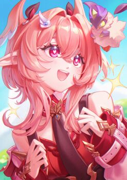1girl bare_shoulders blue_sky brown_necktie commentary detached_collar detached_sleeves english_commentary genshin_impact hair_between_eyes hair_ornament head_wings heart heart-shaped_pupils highres linnea_(genshin_impact) looking_at_animal moonglow_firefly_(genshin_impact) necktie nikalav_art open_mouth outdoors pink_eyes pink_hair pink_wings pointy_ears short_hair_with_long_locks sky solo sparkle symbol-shaped_pupils teeth twitter_username upper_body upper_teeth_only wings