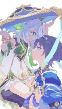 Rule 34 | 1boy, 1girl, arm at side, armlet, armor, black bodysuit, bloomers, blue cape, blue hat, blue kimono, blunt ends, bodysuit, borrowed clothes, bracelet, bridal gauntlets, bright pupils, cape, carrying, child carry, closed mouth, colored tips, commentary request, covered collarbone, cross-shaped pupils, detached sleeves, dress, eyelashes, eyeliner, gem, genshin impact, glowing leaves, gold, gold trim, green cape, green eyes, green gem, green hair, green sleeves, grey bridal gauntlets, hair ornament, half crown braid, hand on another's leg, hands up, hat, highres, ishikoro1645, japanese armor, japanese clothes, jewelry, jingasa, kimono, kote, kurokote, leaf, leaf hair ornament, long hair, looking at another, makeup, mandarin collar, multicolored hair, nahida (genshin impact), purple eyes, purple hair, red eyeliner, scaramouche (genshin impact), side cape, side ponytail, sidelocks, sitting on arm, smile, streaked hair, symbol-shaped pupils, tareme, tassel, tsurime, twitter username, two-sided fabric, underwear, wanderer (genshin impact), white background, white bloomers, white dress, white hair, white kimono, white pupils, white trim