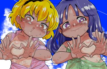 2girls bad_tag black_hairband blonde_hair blue_hair blue_sky blunt_bangs blush breasts bright_pupils brown_eyes closed_mouth cloud day dress fang furude_rika green_dress hairband heart heart_hands houjou_satoko kiliu loli long_hair looking_at_viewer multiple_girls no_bra open_clothes open_mouth open_shirt pink_shirt purple_eyes purple_hair shirt short_hair sky sleeveless small_breasts smile sweat upper_body white_pupils