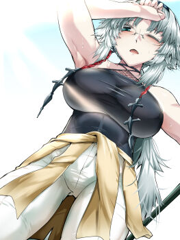 1girl bare_shoulders black_shirt blush breasts commentary_request fate/grand_order fate/samurai_remnant fate_(series) glasses green_eyes grey_hair highres large_breasts long_hair open_mouth pants ponytail shirt solo sweat tgxx3300 tied_shirt white_pants yui_shousetsu_(exhibition_attire)_(fate) yui_shousetsu_(fate)