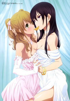 2girls absurdres aihara_mei aihara_yuzu ass bare_shoulders black_hair blonde_hair blush breast_press breasts citrus_(saburouta) cleavage dress elbow_gloves female_focus food fruit gloves green_eyes hand_on_another&#039;s_ass hand_on_another&#039;s_head hanzawa_jun highres holding_hands inseki interlocked_fingers lips long_hair medium_breasts megami_magazine multiple_girls official_art orange_(fruit) orange_slice purple_eyes shiny_skin siblings sisters smile step-siblings symmetrical_docking wedding_dress white_dress white_gloves yuri