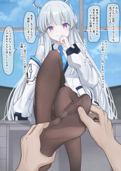 1girl blue_archive blush feet grey_hair long_hair looking_at_viewer milkriko noa_(blue_archive) pantyhose purple_eyes smile soles toes translated white_hair