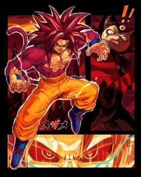 Rule 34 | !, !!, 2boys, absurdres, blue boots, body fur, boots, close-up, dragon ball, dragon ball daima, full body, gomah (dragon ball), highres, kornart, long hair, male focus, monkey tail, multiple boys, multiple views, muscular, muscular male, no eyebrows, orange pants, pants, red eyes, red fur, red hair, red tail, solo focus, son goku, spiked hair, super saiyan, super saiyan 4, tail, third eye, topless male