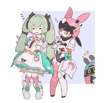 2girls absurdres aria_(zenless_zone_zero) aria_(zenless_zone_zero)_(cosplay) bangboo_(zenless_zone_zero) bow commentary_request corin_wickes cosplay dress fingerless_gloves flying_sweatdrops full_body gloves green_bow green_eyes green_hair hair_between_eyes highres humanoid_robot kumao_max multiple_girls notice_lines robot robot_girl shoes simple_background standing twintails tying_another's_hair white_dress white_shoes zenless_zone_zero