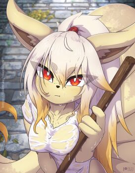1girl :t animal_ear_fluff animal_ears animal_nose areola_slip artist_name blonde_hair blurry blurry_background blush body_fur breasts bright_pupils broom closed_mouth cobblestone collarbone covered_erect_nipples dripping female_focus fox_ears fox_girl fox_tail furry furry_female gen_1_pokemon gradient_hair hair_between_eyes hair_tie hand_up holding holding_broom light_blush looking_at_viewer medium_breasts multicolored_hair multiple_tails ninetales nintendo outdoors path patreon_logo patreon_username personification pokemon pokemon_(creature) ponytail pout red_eyes rilex_lenov road see-through_clothes see-through_shirt shirt short_sleeves sidelocks solo tail thick_eyebrows two-tone_hair upper_body watermark web_address wet wet_clothes wet_hair wet_shirt white_pupils white_shirt yellow_fur