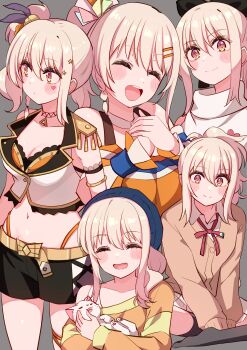 1girl absurdres birthday blonde_hair blush bra breasts cat cleavage closed_eyes collarbone cream_(nipakupa) grey_background hanpen_(love_live!) highres long_hair love_live! love_live!_nijigasaki_high_school_idol_club medium_breasts miyashita_ai multiple_views nijigasaki_school_uniform orange_bra ponytail school_uniform sidelocks underwear yellow_eyes