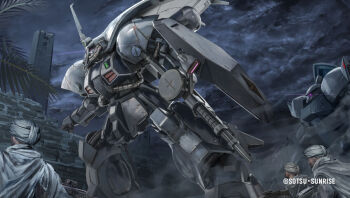 3boys arabian_clothes assault_rifle cable cloud cloudy_sky company_name copyright_notice desert dirty dust_cloud ewac_zack gelgoog glowing glowing_eye gun gundam gundam_battle_operation_2 gundam_zz lens_flare machine_gun machinery mecha military_uniform mobile_suit multiple_boys neo_zeon night official_art one-eyed painting_(medium) palm_leaf palm_tree purple_eyes radio_antenna radome realistic rifle robot ruins scan science_fiction scope shield sky soldier sunrise_(company) tenjin_hidetaka tower traditional_media tree weapon white_turban