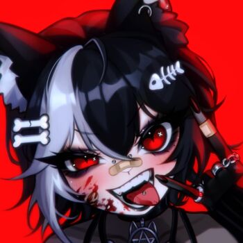 1girl \n/ animal_ear_fluff animal_ears bandaid bandaid_on_face bandaid_on_nose black_hair black_lips black_nails blood blood_on_face blush bone_hair_ornament commentary cross_in_eye double-parted_bangs english_commentary fish_skeleton_hair_ornament grey_streaks hair_between_eyes hair_ornament hellzy_(vtuber) im_monimon indie_virtual_youtuber lipstick looking_at_viewer makeup multicolored_hair open_mouth piercing portrait red_background red_eyes short_hair simple_background smile solo streaked_hair teeth tongue tongue_out tongue_piercing virtual_youtuber
