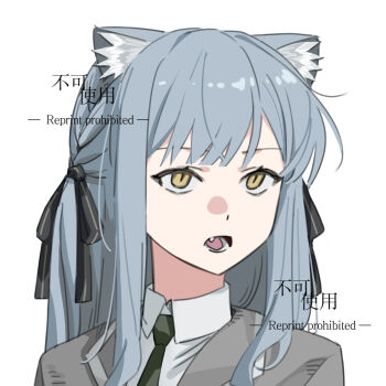 Rule 34 | 1girl, animal ears, bang dream!, bang dream! it's mygo!!!!!, black ribbon, cat ears, cat girl, commentary request, fang, hair ribbon, haneoka school uniform, highres, kemonomimi mode, longshengyan, open mouth, portrait, ribbon, school uniform, simple background, slit pupils, solo, togawa sakiko, white background, yellow eyes