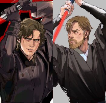 2boys absurdres alternate_universe anakin_skywalker animification arms_up bad_id bad_twitter_id beard black_gloves brown_eyes brown_hair closed_mouth commentary ctstudio_(executional) dark_persona energy_sword english_commentary facial_hair gloves grey_robe highres holding holding_sword holding_weapon lightsaber lips long_sleeves looking_at_viewer looking_to_the_side male_focus mechanical_arms multiple_boys mustache obi-wan_kenobi parted_lips prosthesis prosthetic_arm red_lightsaber robe scar scar_across_eye scar_on_face serious short_hair single_mechanical_arm sith split_screen star_wars sword upper_body weapon