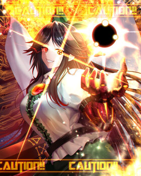 1girl arm_cannon belt black_belt black_hair black_sun black_wings bow breasts caution center_frills circuit_board collared_shirt commentary control_rod_(touhou) cowboy_shot dtcy english_commentary frilled_shirt frills green_bow green_skirt grin hair_bow heterochromia highres large_breasts long_hair looking_at_viewer mechanical_arms mechanical_wings radiation_symbol-shaped_pupils red_eyes reiuji_utsuho shirt single_mechanical_arm skirt smile solo sun symbol-shaped_pupils third_eye touhou weapon white_shirt wings