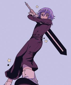 Rule 34 | 1other, amugonagurim, androgynous, black dress, black eyes, black shoes, blue background, blunt bangs, commentary request, crona (soul eater), dress, flat chest, from below, hair between eyes, highres, holding, holding sword, holding weapon, korean commentary, long dress, long sleeves, over shoulder, parted lips, purple hair, ragnarok (soul eater), shoes, short hair, socks, soul eater, sword, sword over shoulder, weapon, weapon over shoulder, white socks, white wrist cuffs, wrist cuffs
