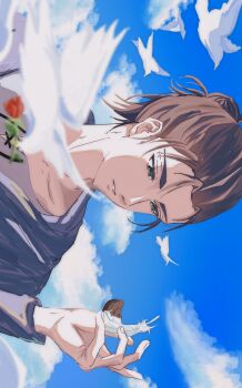 1boy bird blue_sky brown_hair cloud cloudy_sky eren_yeager falling_feathers feathers flower grey_eyes grey_shirt hair_bun highres holding holding_feather holding_flower long_sleeves male_focus medium_hair parted_lips red_flower shingeki_no_kyojin shirt sky solo tatakaehhhh upper_body white_feathers