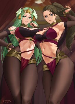 2021 2girls artist_name bare_shoulders blue_eyes blush bracelet breasts brown_hair brown_pantyhose circlet cleavage dorothea_arnault dorothea_arnault_(plegian) earrings female_focus fire_emblem fire_emblem:_three_houses fire_emblem_heroes flower green_eyes green_hair hair_flower hair_ornament highleg highres jewelry judith_von_daphnel large_breasts lene_(fire_emblem) lene_(plegian)_(fire_emblem) long_hair looking_at_viewer matching_hair/eyes multiple_girls navel neck_ring nintendo pantyhose ponytail rhea_(fire_emblem) sendo_(sendrawz) smile thighs