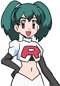 1girl :d black_gloves brown_eyes cosplay crop_top cropped_jacket duplica_(pokemon) elbow_gloves gloves green_hair hainchu highres jacket jessie_(pokemon) jessie_(pokemon)_(cosplay) midriff navel nintendo open_mouth pokemon pokemon_(anime) pokemon_(classic_anime) simple_background skirt smile solo team_rocket team_rocket_uniform tongue twintails white_background white_jacket white_skirt