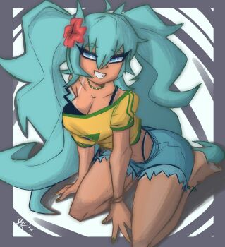 1girl aqua_hair ass barefoot bead_choker beads bikini blue_eyes bracelet brazil brazilian_flag brazilian_flag_print brazilian_miku breasts cleavage ekowrosmi flag_print flower green_nails hair_flower hair_ornament hatsune_miku highres jewelry logo long_hair multiple_bracelets nail_polish off_shoulder shirt shorts shorts_tan sitting smile solo swimsuit tan tanline tanline_peek teeth toned toned_female twintails vocaloid wariza yellow_nails yellow_shirt