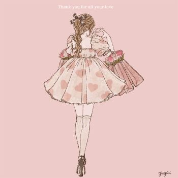 1girl ankle_strap black_shoes bouquet bow brown_hair english_text fashion flower from_behind full_body hair_bow heart heart_hands heart_print high_heels long_hair original ponytail puffy_sleeves rose shoes simple_background solo standing thighhighs tulip yayoi_(frp-y)