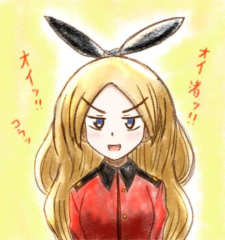 Rule 34 | 1girl, black ribbon, blonde hair, commentary request, girls und panzer, girls und panzer little army, haiiro purin, jacket, long hair, mocha (girls und panzer), one-hour drawing challenge, portrait, red jacket, ribbon, smile, translation request, upper body, west kureoji grona military uniform