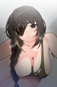 1girl artist_name black_eyes black_hair blonde_hair blush bra braid breasts closed_mouth commentary commission english_commentary eyepatch girls'_frontline green_bra grey_background highres large_breasts light_smile long_hair looking_at_viewer m16a1_(girls'_frontline) mole mole_under_eye multicolored_hair scar scar_across_eye scar_on_face second-party_source shiny_skin simple_background solo streaked_hair sweat tilt-shift_(azalanz) torn_bra torn_clothes twitter_username underwear
