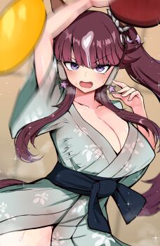 1girl akizuki_shigure alternate_costume ball bath_yukata blurry blurry_background breasts brown_hair cleavage collarbone hair_between_eyes hair_ornament highres holding holding_table_tennis_paddle horse_girl japanese_clothes kimono large_breasts looking_at_viewer lucky_lilac_(umamusume) paddle purple_eyes side_ponytail solo steaming_body sweat table_tennis table_tennis_ball table_tennis_paddle umamusume yukata