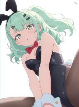 Rule 34 | absurdres, alternate costume, animal ears, black leotard, black pantyhose, breasts, cleavage, fake animal ears, green eyes, green hair, hashtag-only commentary, highres, leotard, looking at viewer, medium hair, pantyhose, playboy bunny, ponytail, rabbit ears, rikka (rikkaarts), small breasts, strapless, strapless leotard, sunna (zenless zone zero), white wrist cuffs, wrist cuffs, zenless zone zero