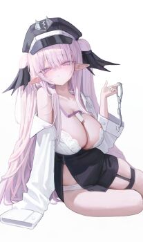 1girl absurdres arm_support black_hat black_skirt black_wings blush bra breasts commentary cuffs handcuffs hat head_wings highres holding holding_handcuffs lanyard large_breasts long_hair looking_at_viewer open_clothes open_shirt original p00nipooni panties peaked_cap pelvic_curtain pink_eyes pink_hair pointy_ears simple_background sitting skirt solo symbol-only_commentary thigh_strap two_side_up underwear very_long_hair white_background white_bra white_panties wings yokozuwari