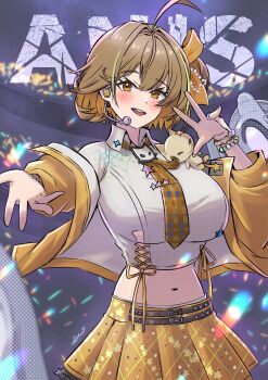 1girl absurdres ahoge anis_(nikke) anis_(star)_(t.t._star)_(nikke) backsine blush breasts brown_hair cat_ornament character_name cropped_shirt goddess_of_victory:_nikke headset highres idol jacket jewelry large_breasts looking_at_viewer midriff navel necktie official_alternate_costume open_mouth plaid_clothes plaid_necktie shirt short_hair skirt smile star_(symbol) teeth upper_teeth_only white_shirt yellow_jacket yellow_necktie yellow_skirt
