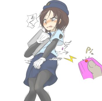 1girl black_pantyhose blue_skirt blush brown_hair controller discreet_vibrator gloves hand_on_own_crotch hat mudadamuda open_mouth original pantyhose police police_hat police_uniform policewoman remote_control remote_control_vibrator saliva sex_toy short_hair skirt speech_bubble standing surprised tears vibrator white_background white_gloves